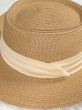Packable Tan Straw Sun Hat with Cream Band - Women's Summer Accessory